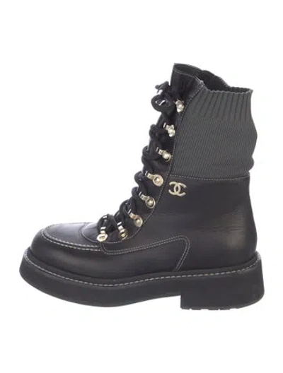 Pre-owned Chanel Interlocking Cc Logo Leather Combat Boots In Black