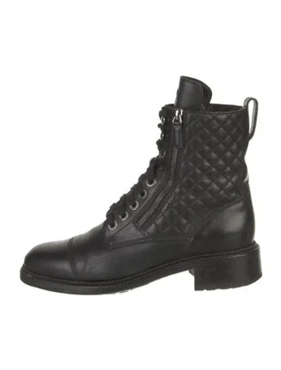 Pre-owned Chanel Interlocking Cc Logo Leather Combat Boots In Black