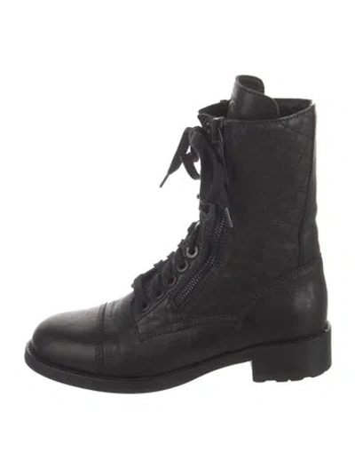 Pre-owned Chanel Interlocking Cc Logo Leather Combat Boots In Black