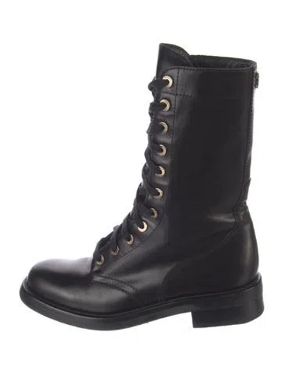 Pre-owned Chanel Interlocking Cc Logo Leather Combat Boots In Black