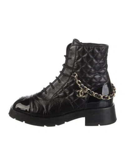 Pre-owned Chanel Interlocking Cc Logo Leather Combat Boots In Black