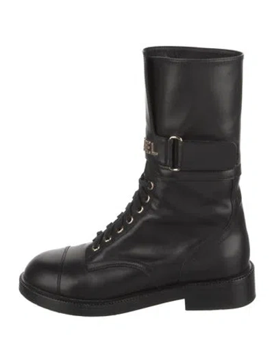 Pre-owned Chanel Interlocking Cc Logo Leather Combat Boots In Black