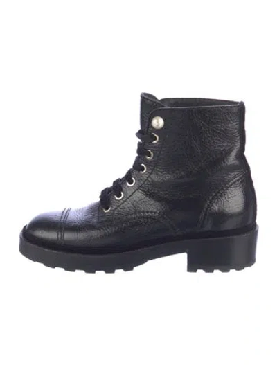 Pre-owned Chanel Interlocking Cc Logo Leather Combat Boots In Black