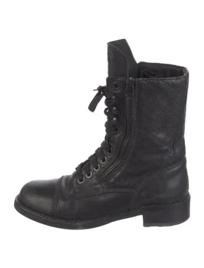 Pre-owned Chanel Interlocking Cc Logo Leather Combat Boots In Black
