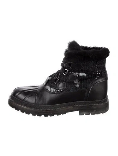 Pre-owned Chanel Interlocking Cc Logo Leather Combat Boots In Black