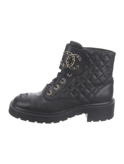 Pre-owned Chanel Interlocking Cc Logo Leather Combat Boots In Black