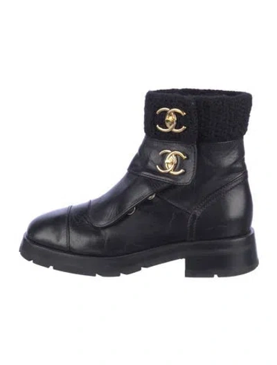 Pre-owned Chanel Interlocking Cc Logo Leather Combat Boots In Blue