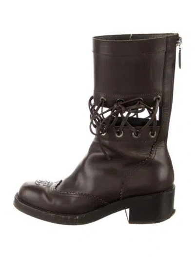 Pre-owned Chanel Interlocking Cc Logo Leather Combat Boots In Brown