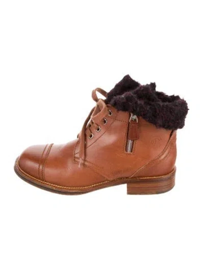 Pre-owned Chanel Interlocking Cc Logo Leather Combat Boots In Brown