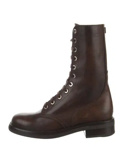 Pre-owned Chanel Interlocking Cc Logo Leather Combat Boots In Brown