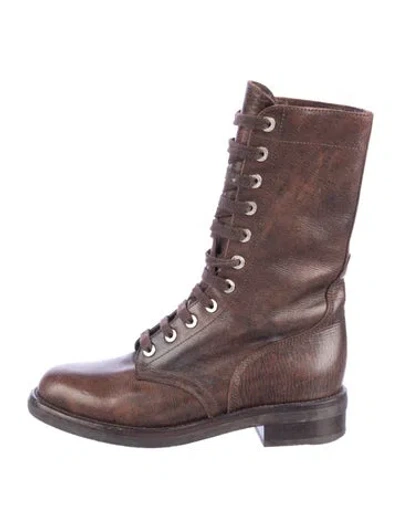 Pre-owned Chanel Interlocking Cc Logo Leather Combat Boots In Brown