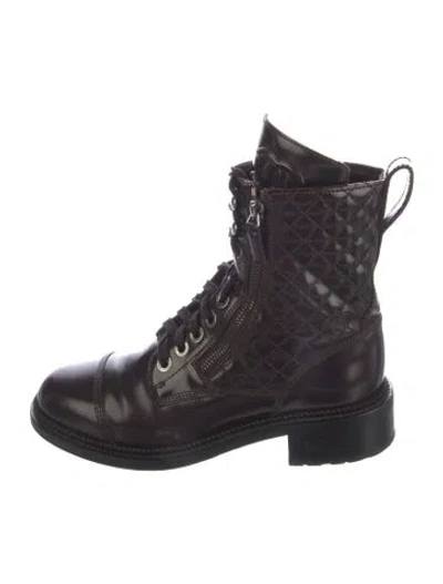 Pre-owned Chanel Interlocking Cc Logo Leather Combat Boots In Brown