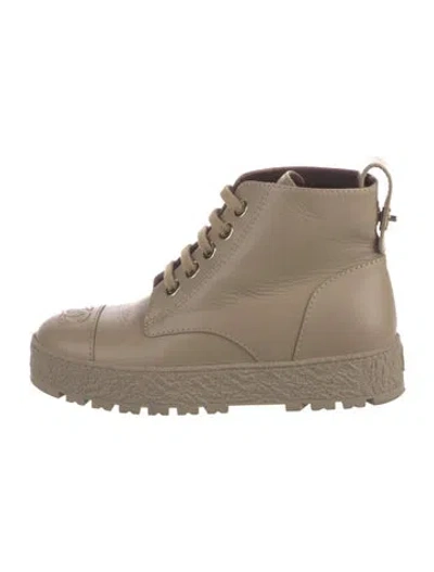 Pre-owned Chanel Interlocking Cc Logo Leather Combat Boots In Brown