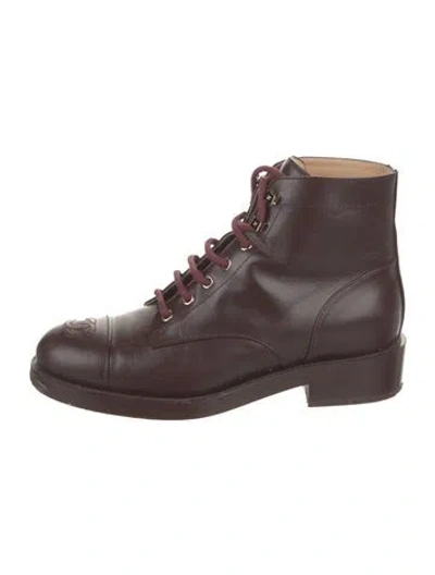 Pre-owned Chanel Interlocking Cc Logo Leather Combat Boots In Burgundy