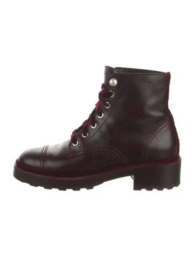 Pre-owned Chanel Interlocking Cc Logo Leather Combat Boots In Burgundy