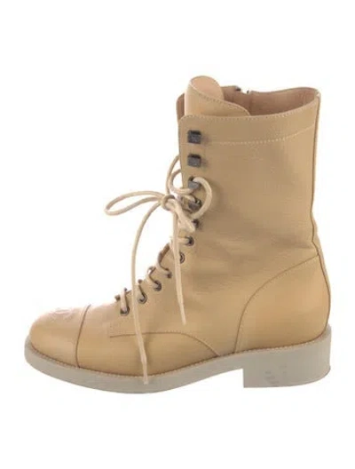 Pre-owned Chanel Interlocking Cc Logo Leather Combat Boots In Neutral