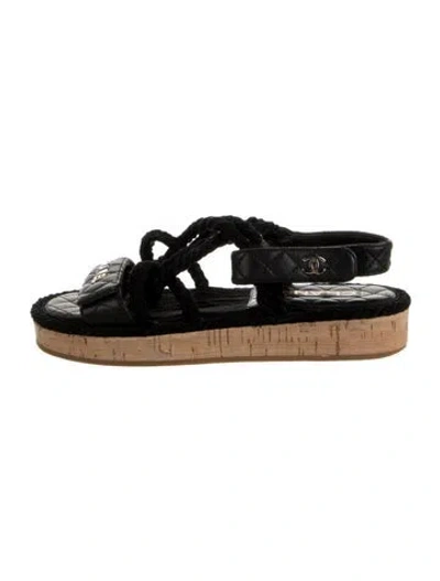 Pre-owned Chanel Interlocking Cc Logo Leather Espadrilles In Black