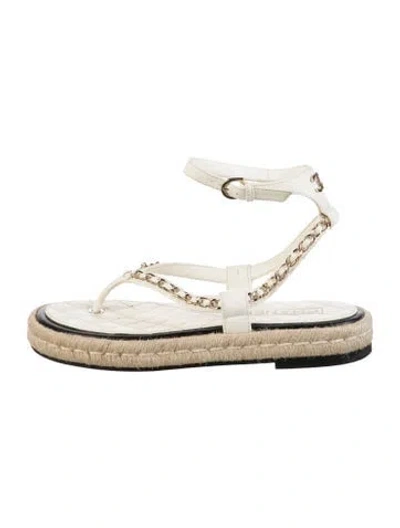 Pre-owned Chanel Interlocking Cc Logo Leather Espadrilles In White