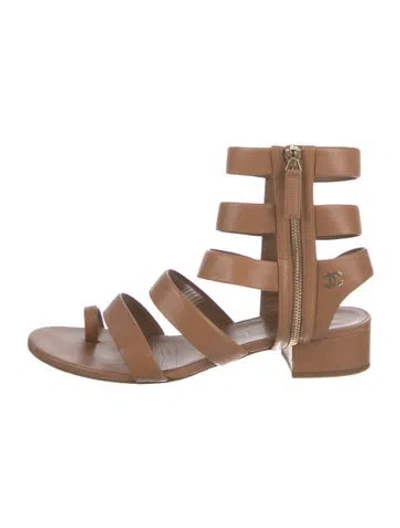Pre-owned Chanel Interlocking Cc Logo Leather Gladiator Sandals In Brown