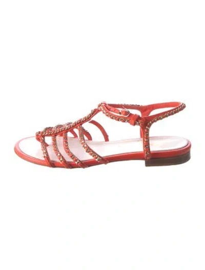 Pre-owned Chanel Interlocking Cc Logo Leather Gladiator Sandals In Orange