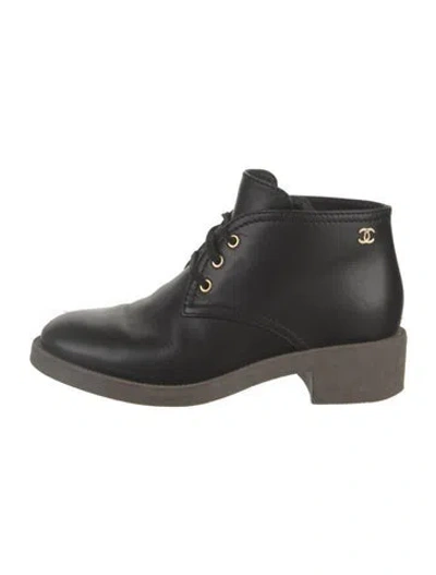 Pre-owned Chanel Interlocking Cc Logo Leather Lace-up Boots In Black