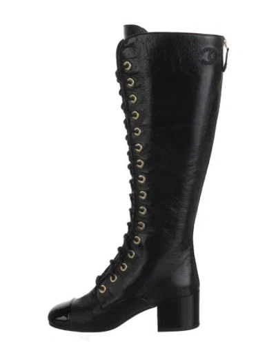 Pre-owned Chanel Interlocking Cc Logo Leather Lace-up Boots In Black