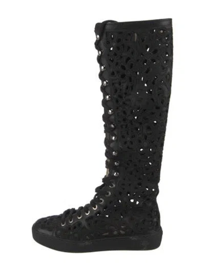 Pre-owned Chanel Interlocking Cc Logo Leather Lace-up Boots In Black