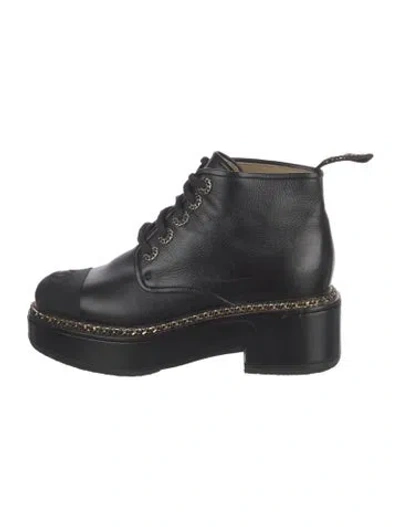 Pre-owned Chanel Interlocking Cc Logo Leather Lace-up Boots In Black
