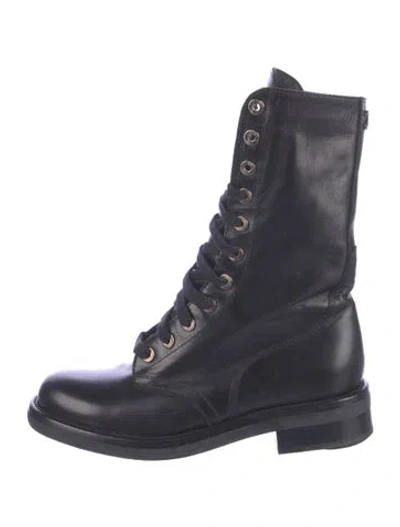 Pre-owned Chanel Interlocking Cc Logo Leather Lace-up Boots In Blue