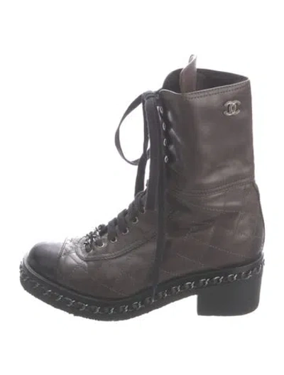 Pre-owned Chanel Interlocking Cc Logo Leather Lace-up Boots In Brown