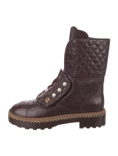 Pre-owned Chanel Interlocking Cc Logo Leather Lace-up Boots In Burgundy
