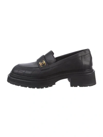 Pre-owned Chanel Interlocking Cc Logo Leather Loafers In Black