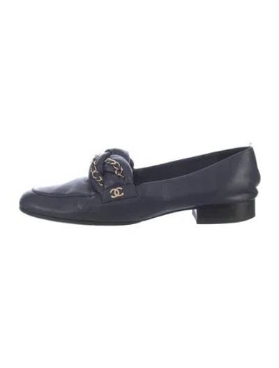 Pre-owned Chanel Interlocking Cc Logo Leather Loafers In Blue