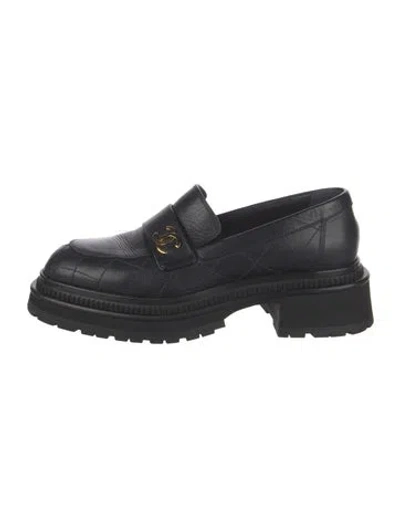 Pre-owned Chanel Interlocking Cc Logo Leather Loafers In Blue