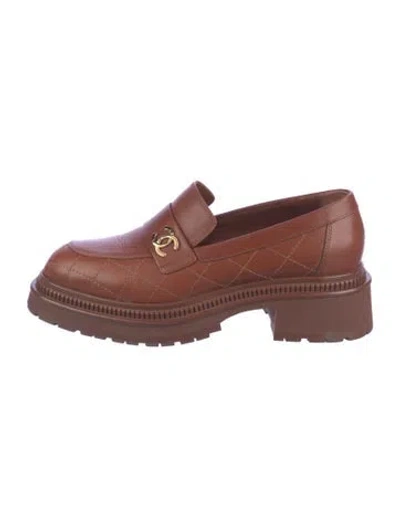 Pre-owned Chanel Interlocking Cc Logo Leather Loafers In Brown