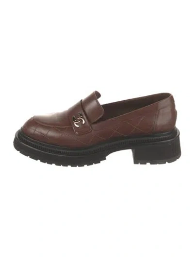 Pre-owned Chanel Interlocking Cc Logo Leather Loafers In Brown
