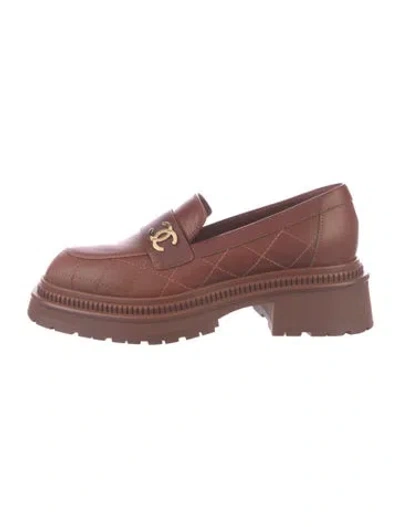 Pre-owned Chanel Interlocking Cc Logo Leather Loafers In Brown