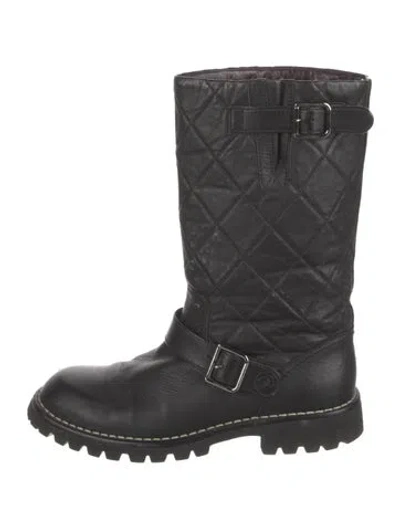 Pre-owned Chanel Interlocking Cc Logo Leather Moto Boots In Black