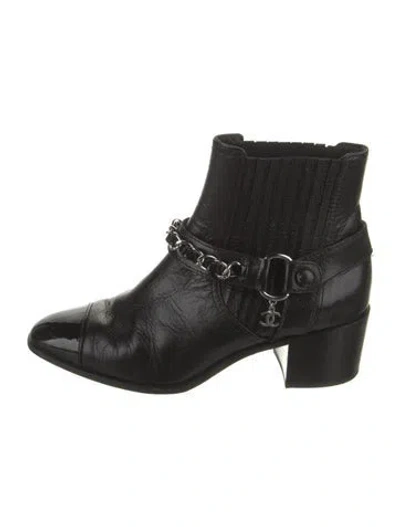 Pre-owned Chanel Interlocking Cc Logo Leather Moto Boots In Black