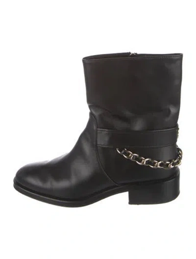 Pre-owned Chanel Interlocking Cc Logo Leather Moto Boots In Black