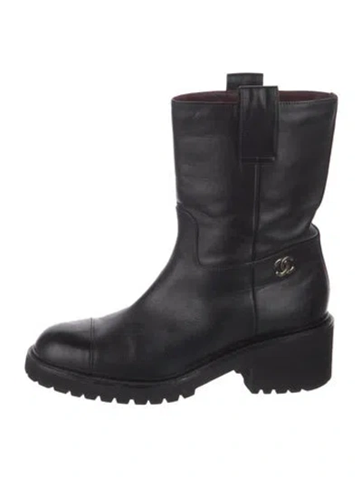 Pre-owned Chanel Interlocking Cc Logo Leather Moto Boots In Black