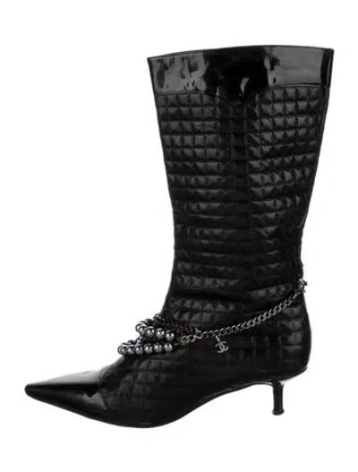 Pre-owned Chanel Interlocking Cc Logo Leather Moto Boots In Black