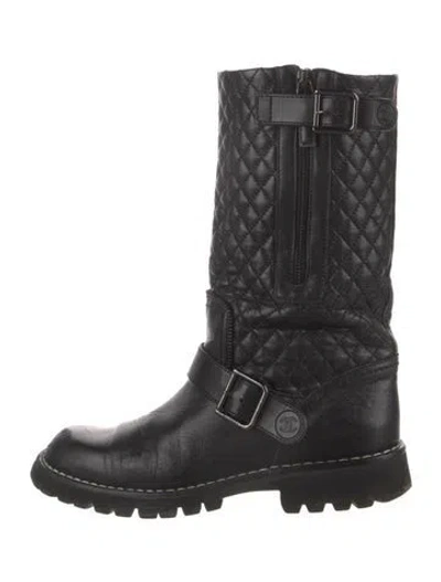 Pre-owned Chanel Interlocking Cc Logo Leather Moto Boots In Black