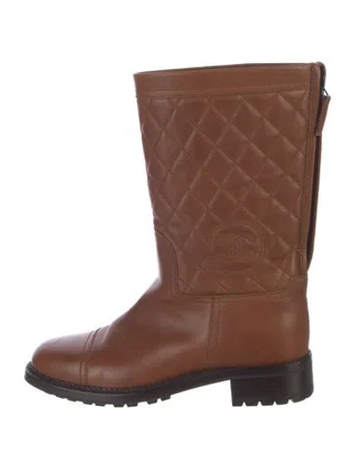 Pre-owned Chanel Interlocking Cc Logo Leather Moto Boots In Brown