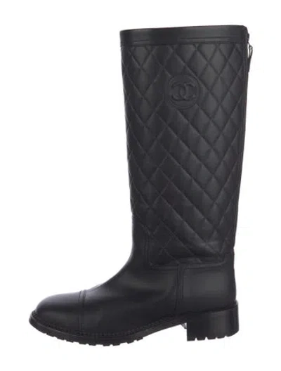 Pre-owned Chanel Interlocking Cc Logo Leather Rain Boots In Black