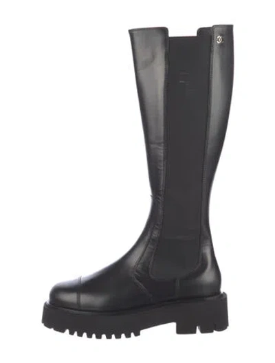 Pre-owned Chanel Interlocking Cc Logo Leather Rain Boots In Black