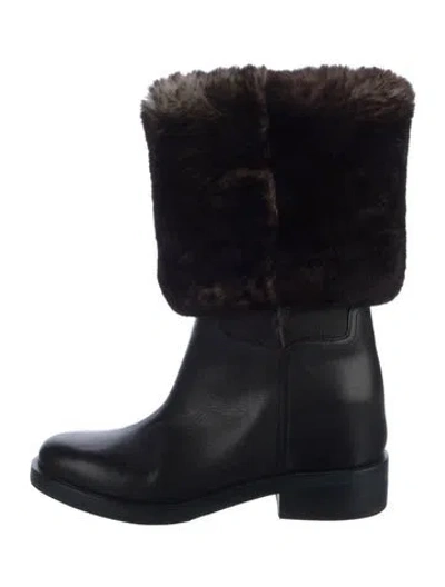 Pre-owned Chanel Interlocking Cc Logo Leather Rain Boots In Brown