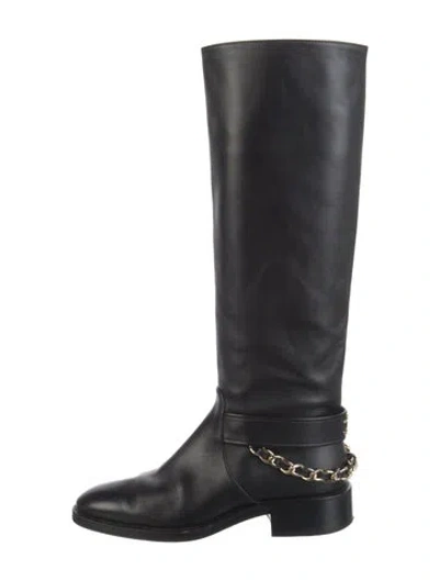 Pre-owned Chanel Interlocking Cc Logo Leather Riding Boots In Black