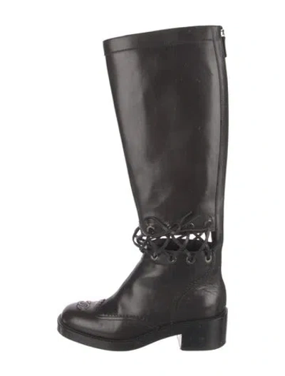Pre-owned Chanel Interlocking Cc Logo Leather Riding Boots In Black
