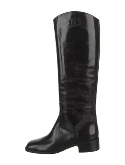 Pre-owned Chanel Interlocking Cc Logo Leather Riding Boots In Black